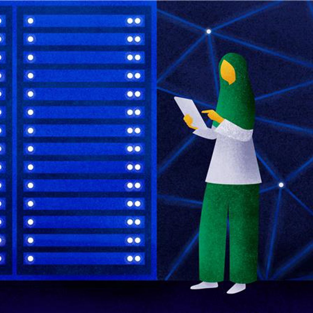 A cartoon character standing in front of a computer screen.