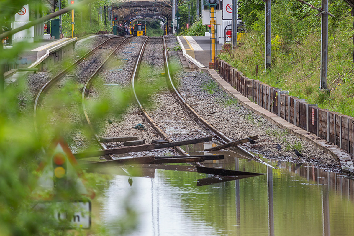 Flooded stretch of railway in Newcastle, England