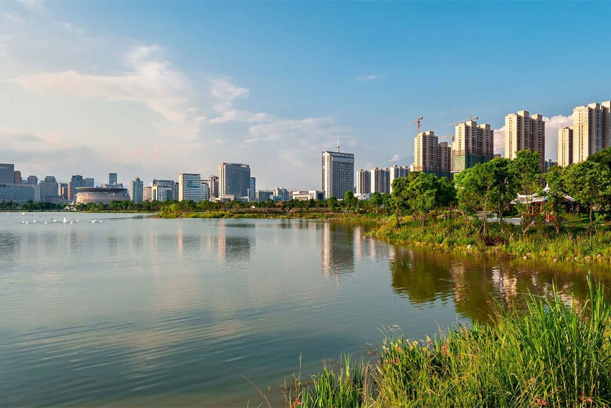 Lake in front of a city