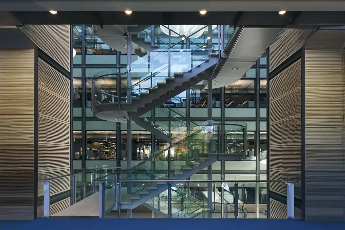 A lit stairwell at the Frick Chemistry Laboratory