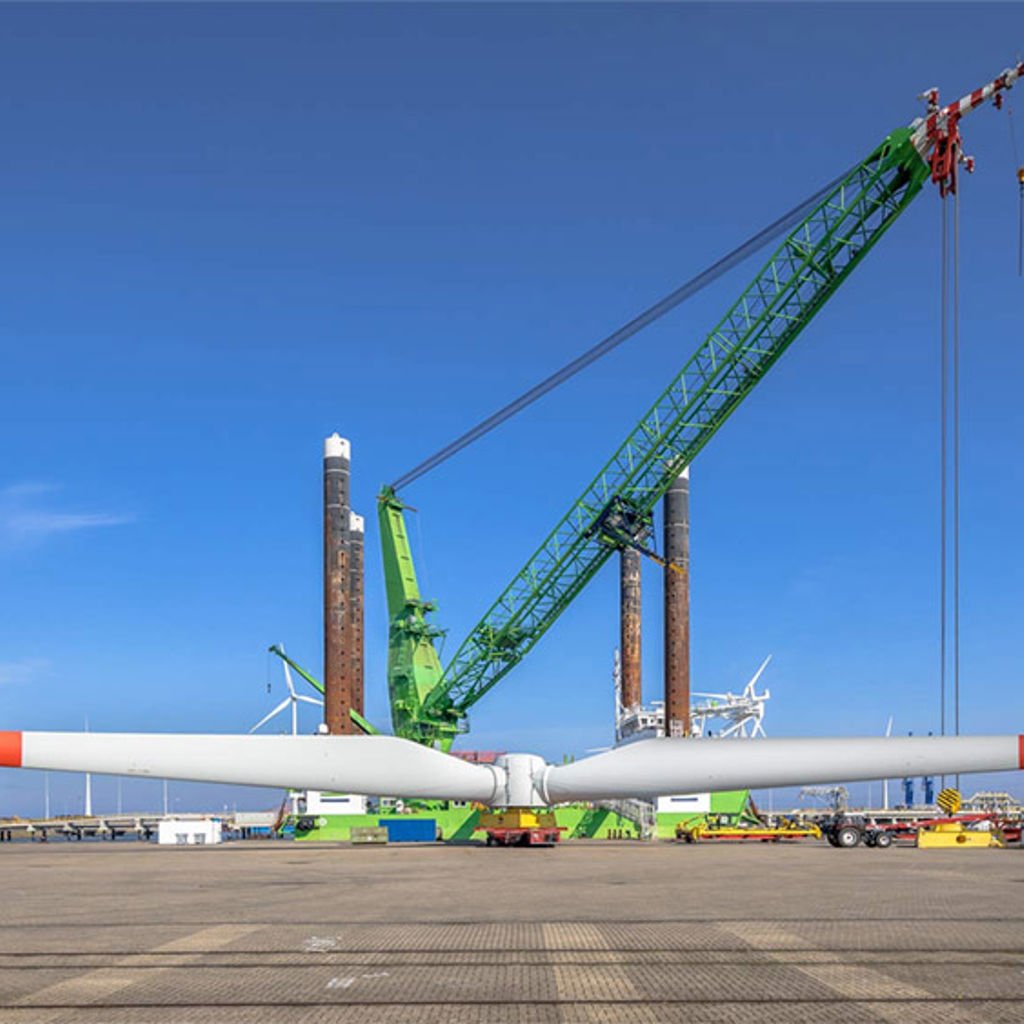 Wind turbine blade on the shore under construction