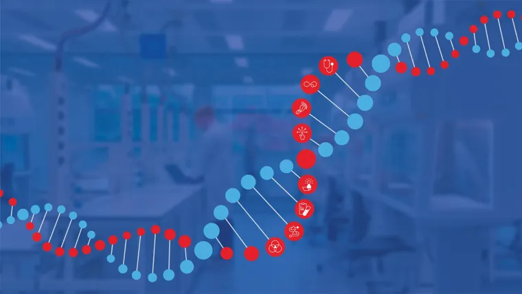 A DNA double helix illustration with a lab in the background