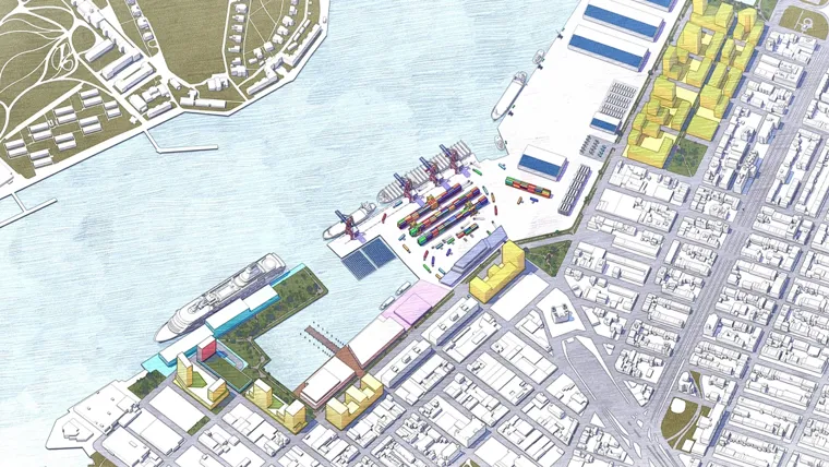 Aerial illustration of a port with container terminals and vessels