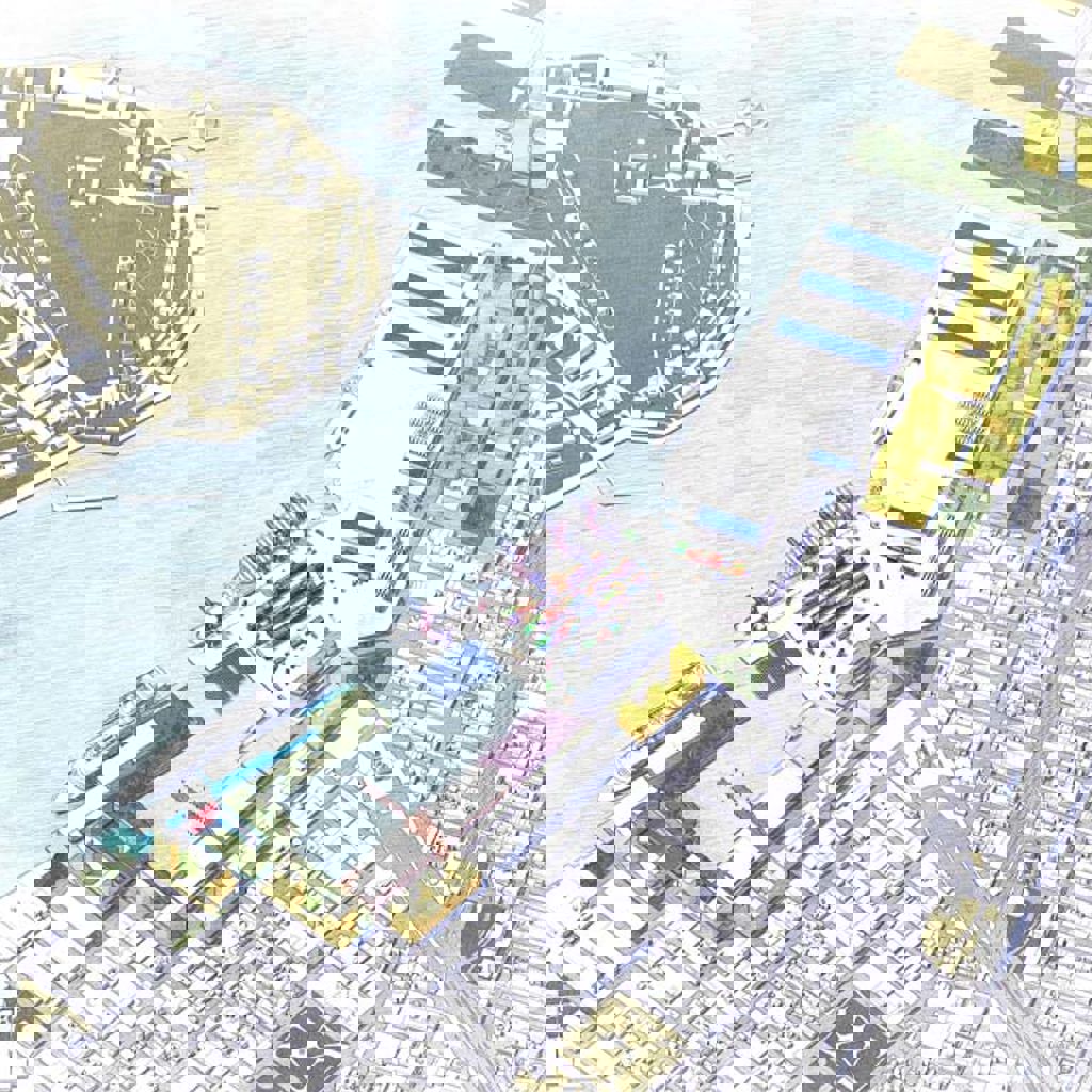 Aerial illustration of a port with container terminals and vessels