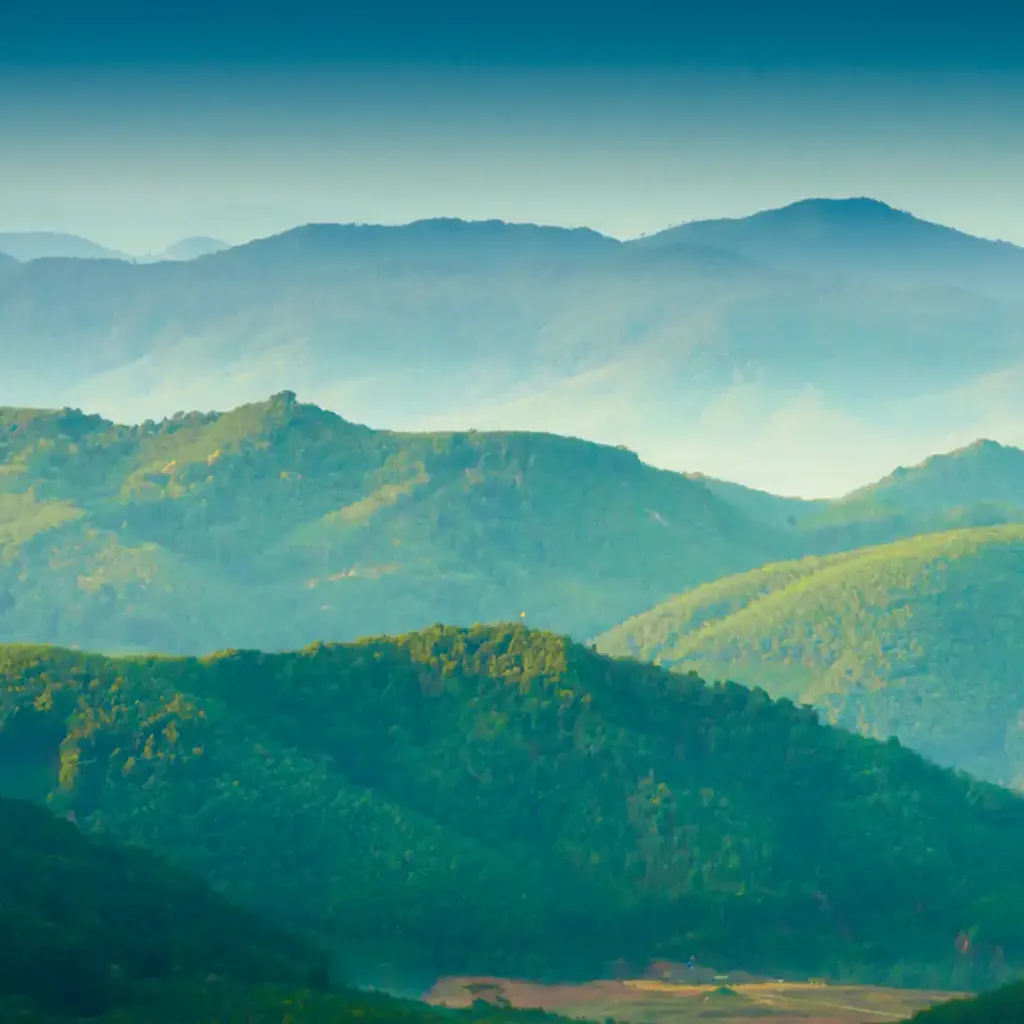 A valley with mountains in the background.