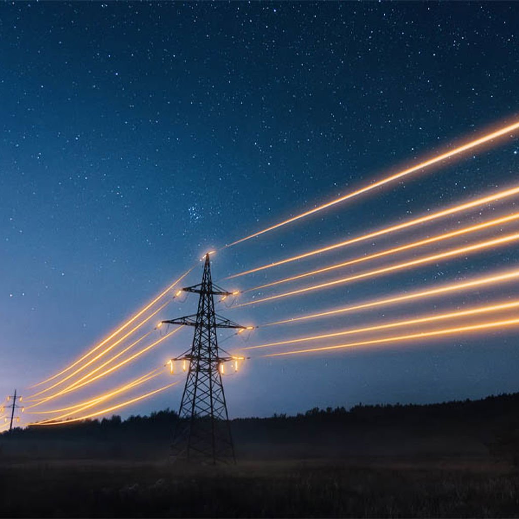 Electricity pylons glowing in the night