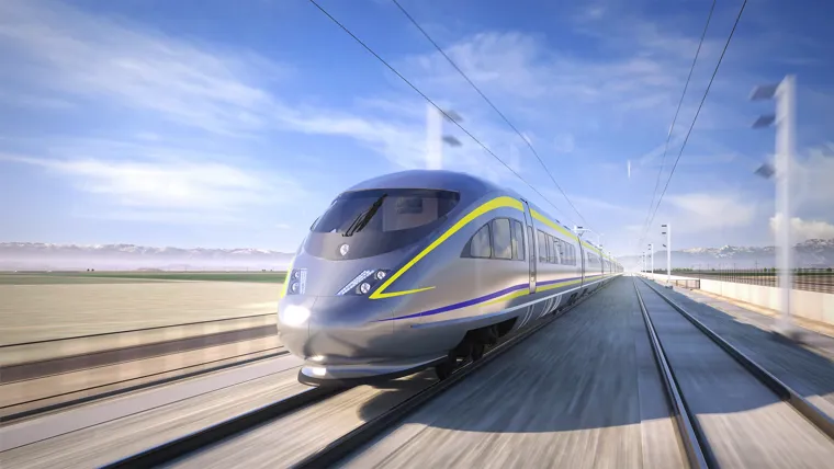 Front view of high-speed rail train traveling through Central Valley of California