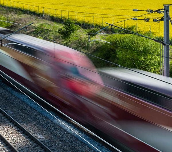 Two high speed trains pass one another