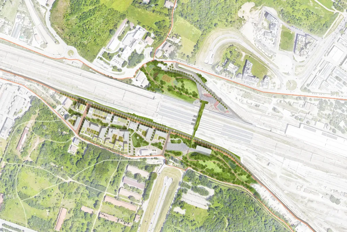 Aerial view of the affordable housing masterplan design for Bologna railway site redevelopment