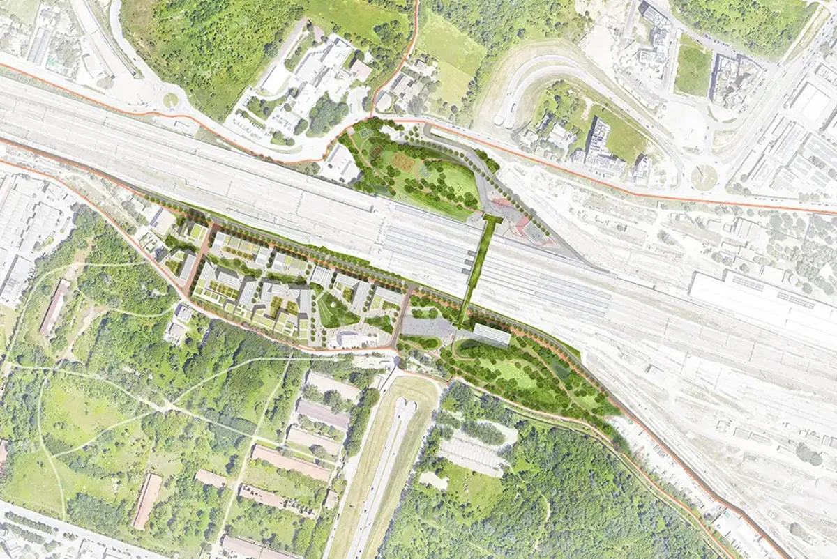 Aerial view of the affordable housing masterplan design for Bologna railway site redevelopment
