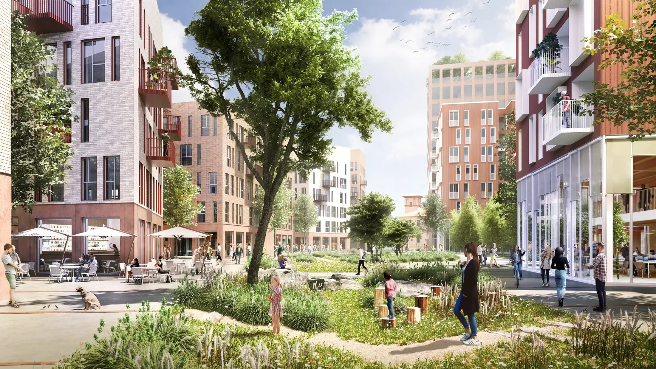 Render of people in an affordable housing estate in Bologna