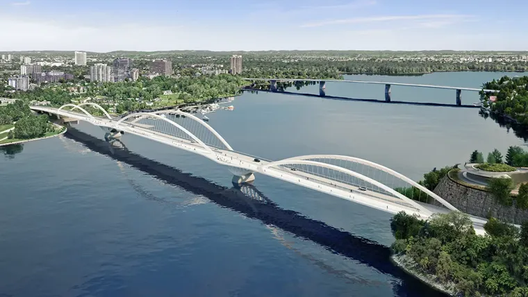 Rendering of 'Motion' design for replacement of Alexandra Bridge with three pairs of arches rise and fall over the river