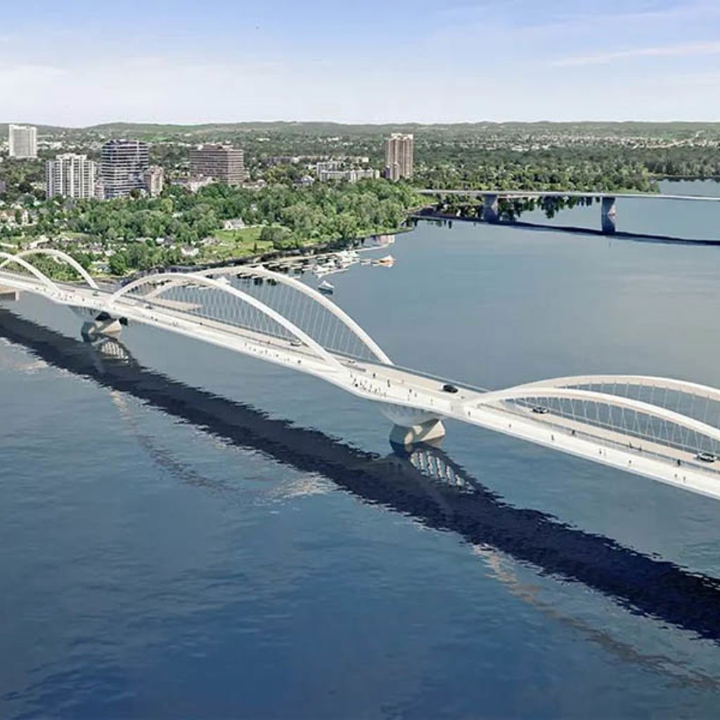 Rendering of 'Motion' design for replacement of Alexandra Bridge with three pairs of arches rise and fall over the river