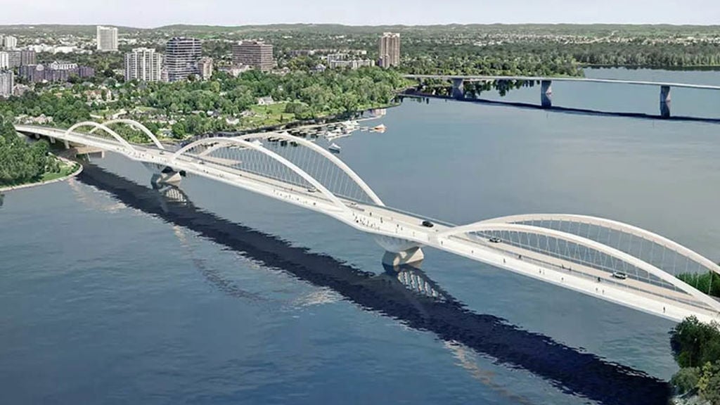 Rendering of 'Motion' design for replacement of Alexandra Bridge with three pairs of arches rise and fall over the river