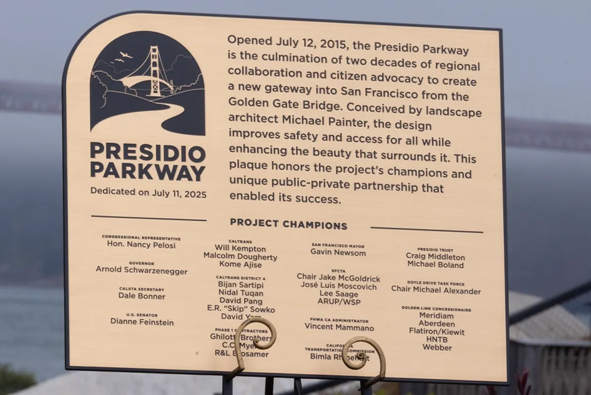 Commemorative plaque dedicated to project champions of Presidio Parkway