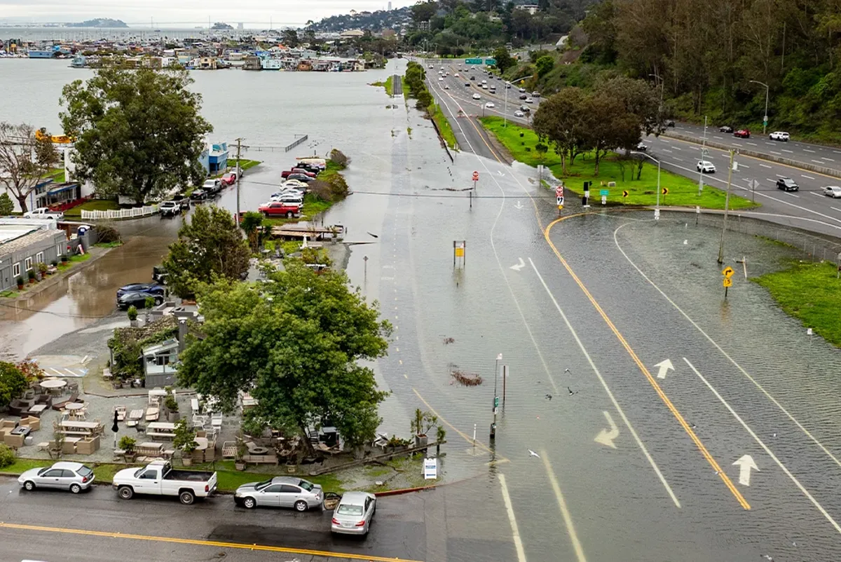 Flooded intersection in Marin County on the coast of California