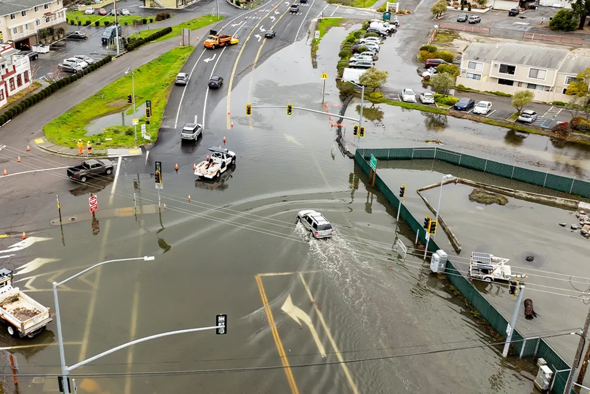 Aerial view of flooded intersection in Marin County