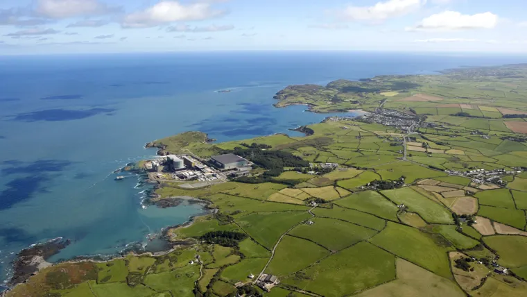 An aerial view of a city by the sea.