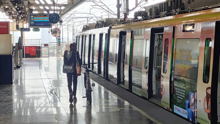 A person with a suitcase walking next to a train.