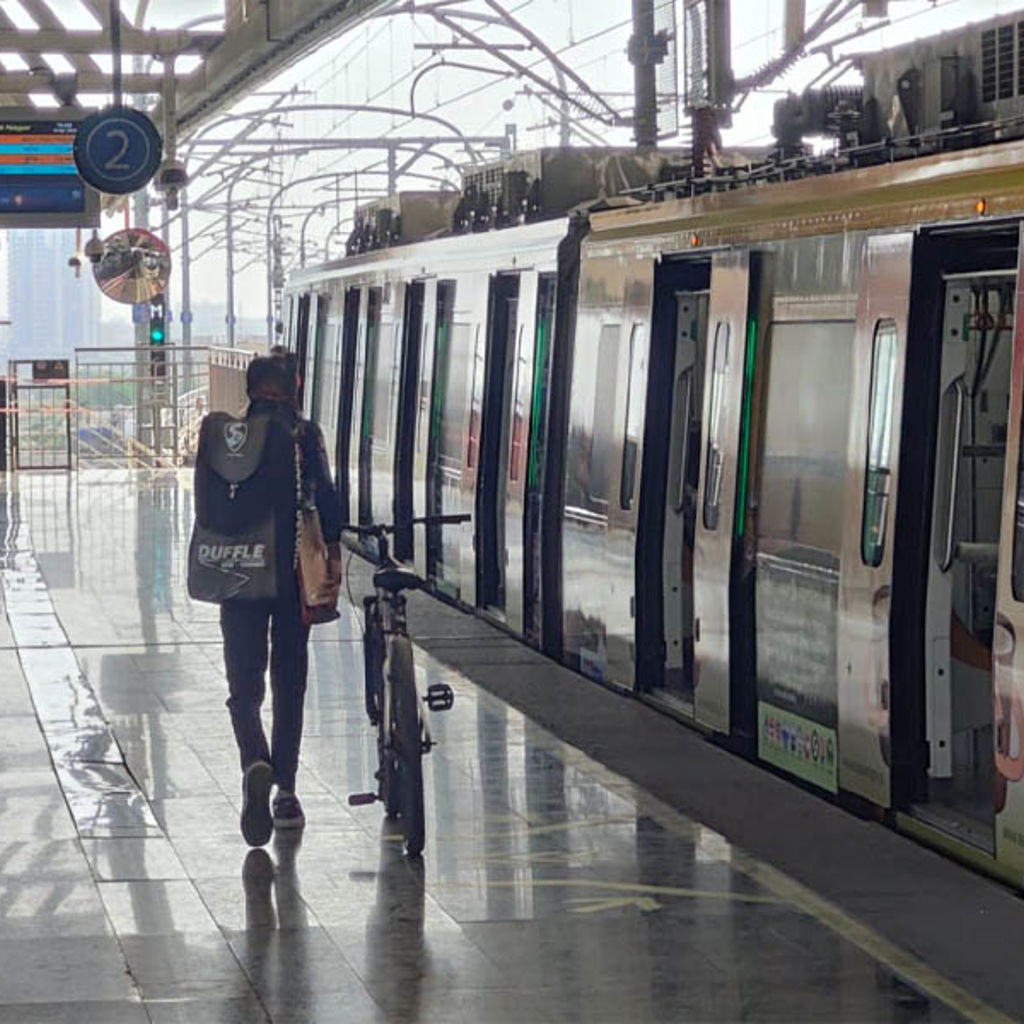 A person with a suitcase walking next to a train.