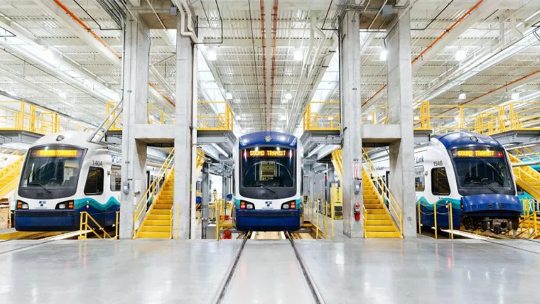 A group of trains in a train maintenance facility