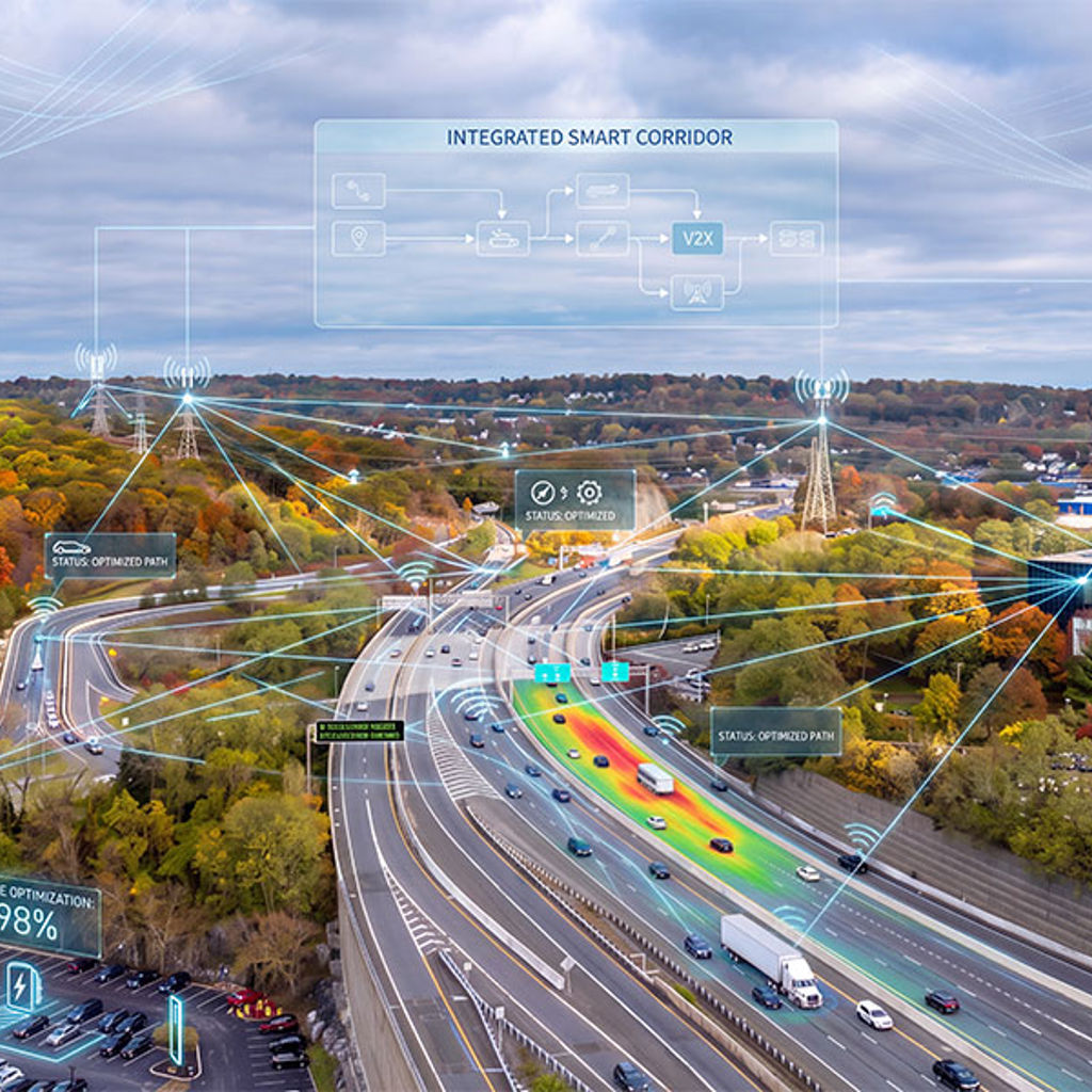 A highway with cars overlayed with digital vectors illustrating a smart connected corridor