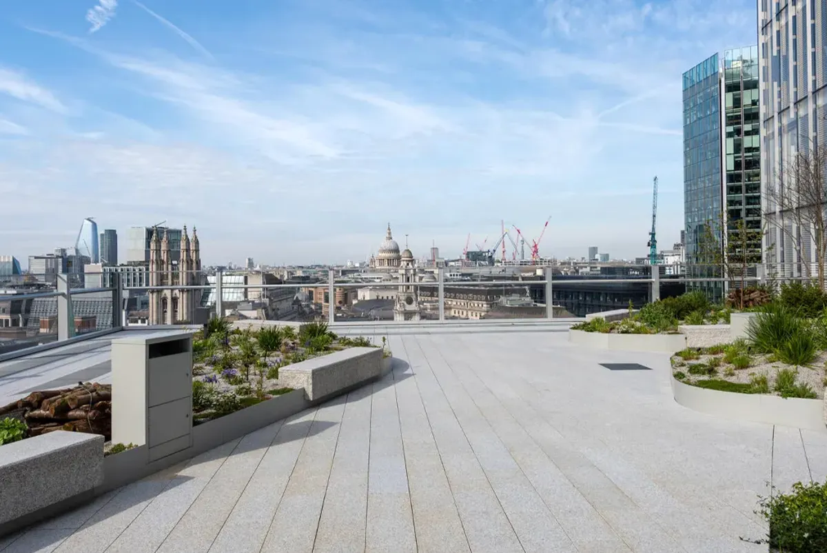 A walkway with buildings in the background.