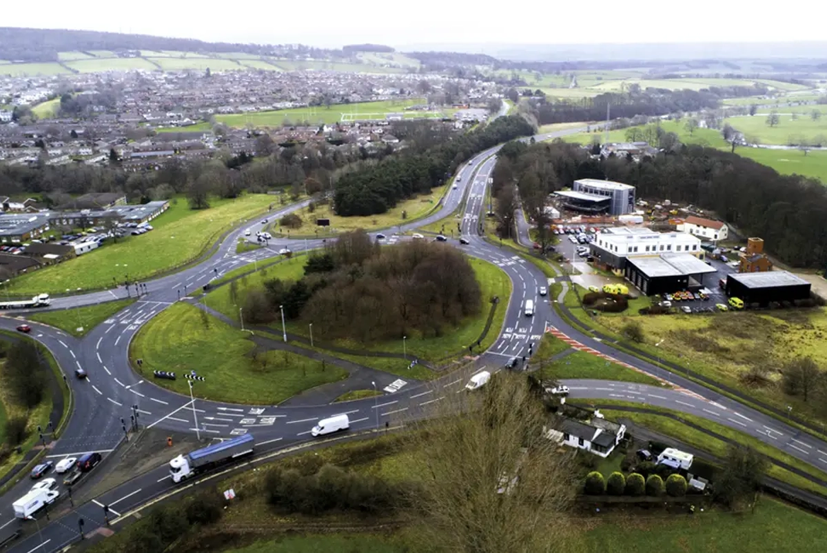 Aerial view of A66 Kemplay bank roundabout