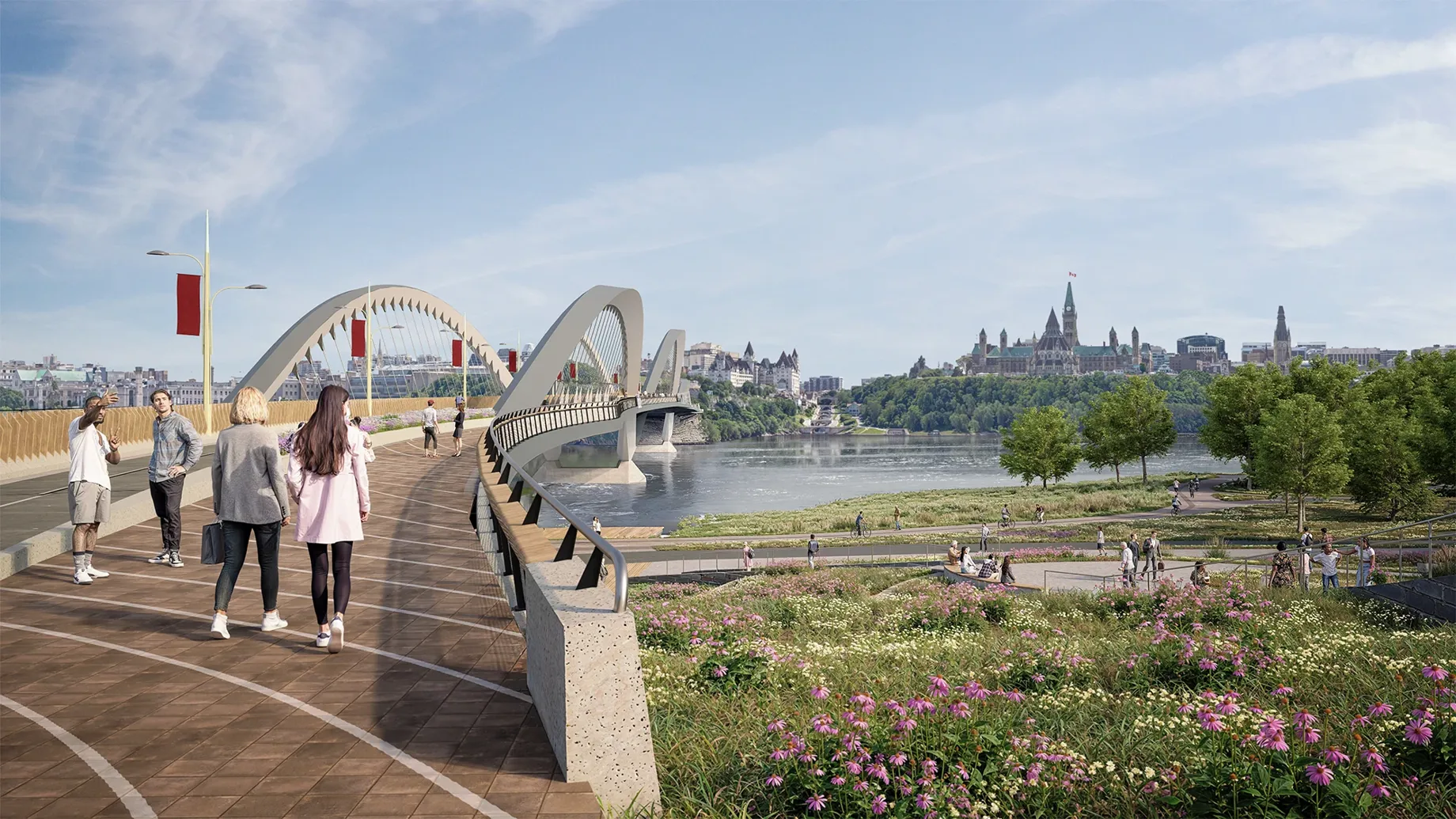 A group of people walking on a bridge over a river