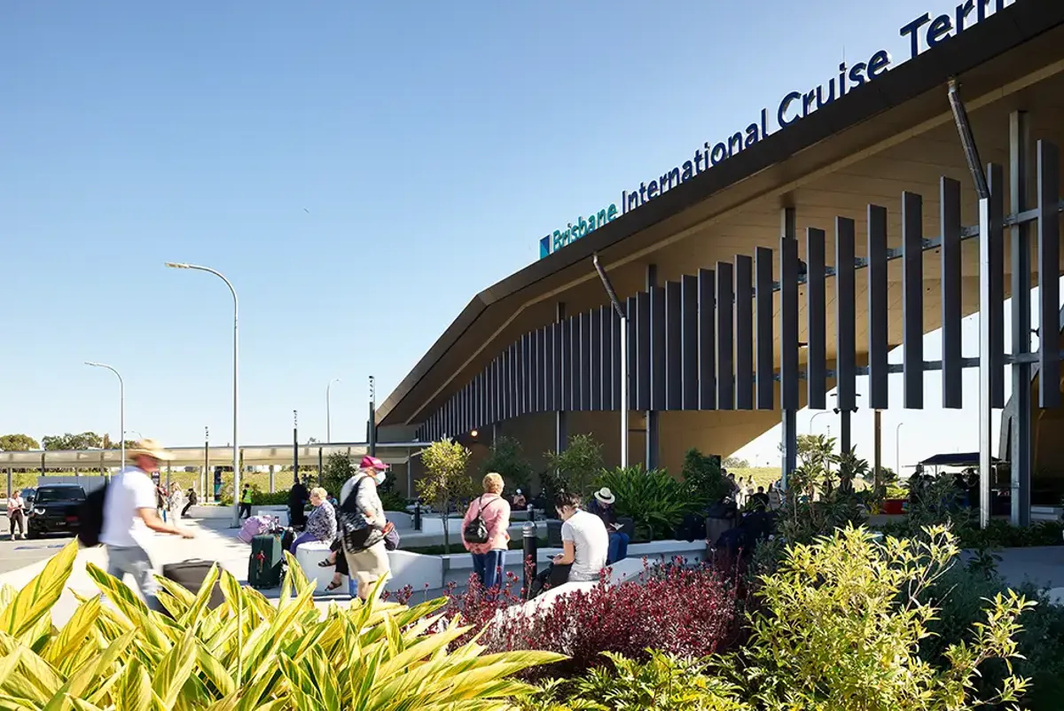 Entrance pathway with gardens and seating outside Brisbane International Cruise Terminal