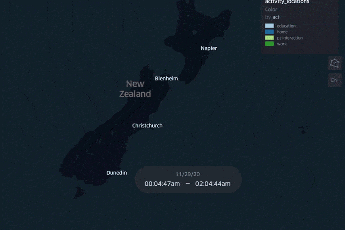 Animated gif showing travel behaviours across New Zealand