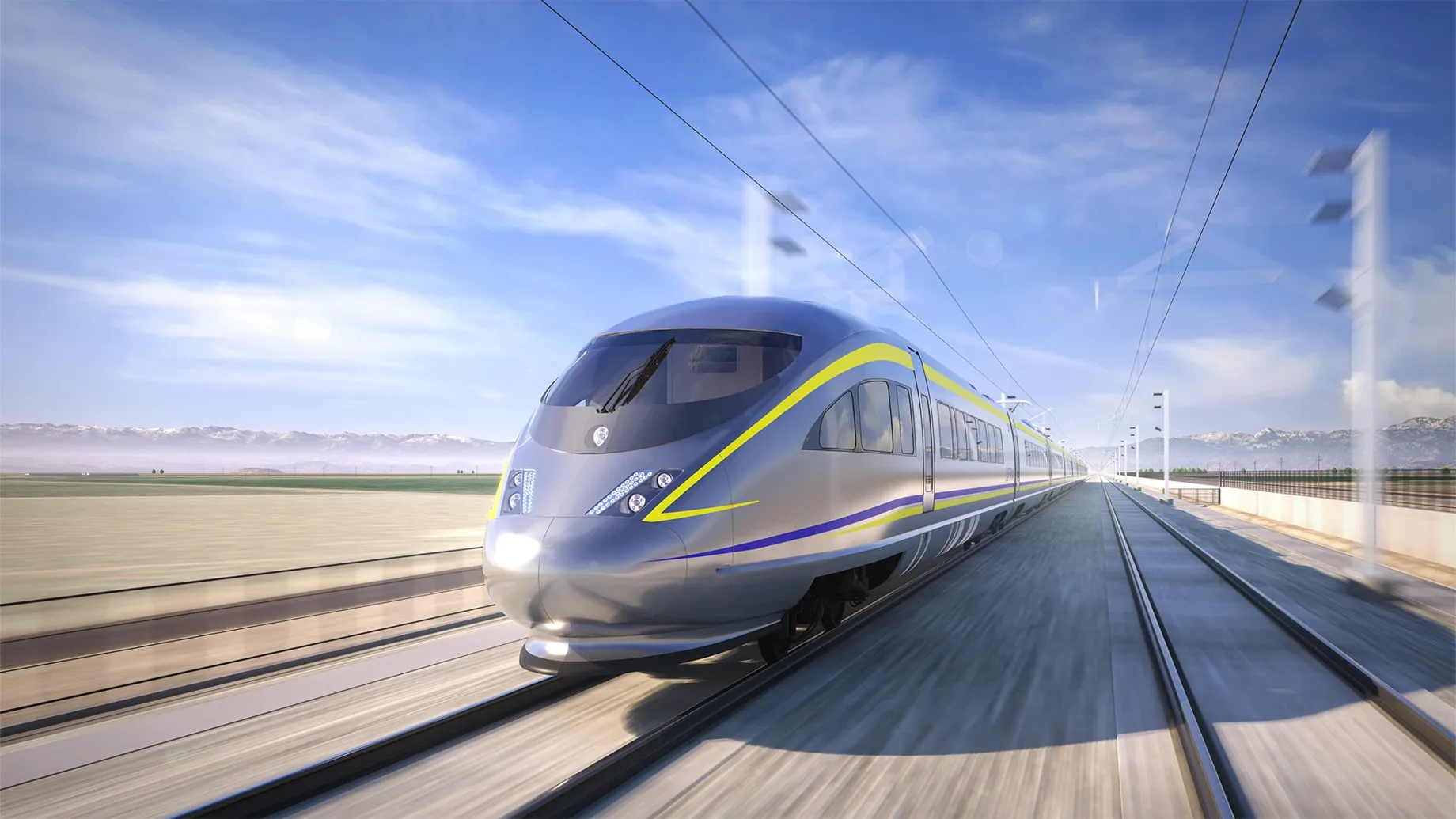 Front view of high-speed rail train traveling through Central Valley of California