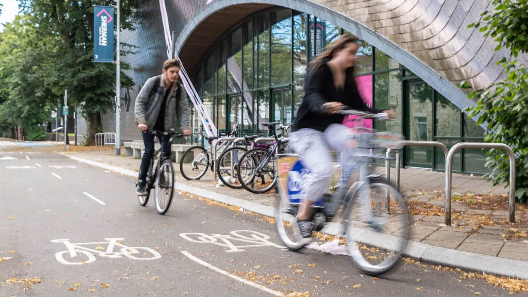 People cycling along the road using a cycle lane