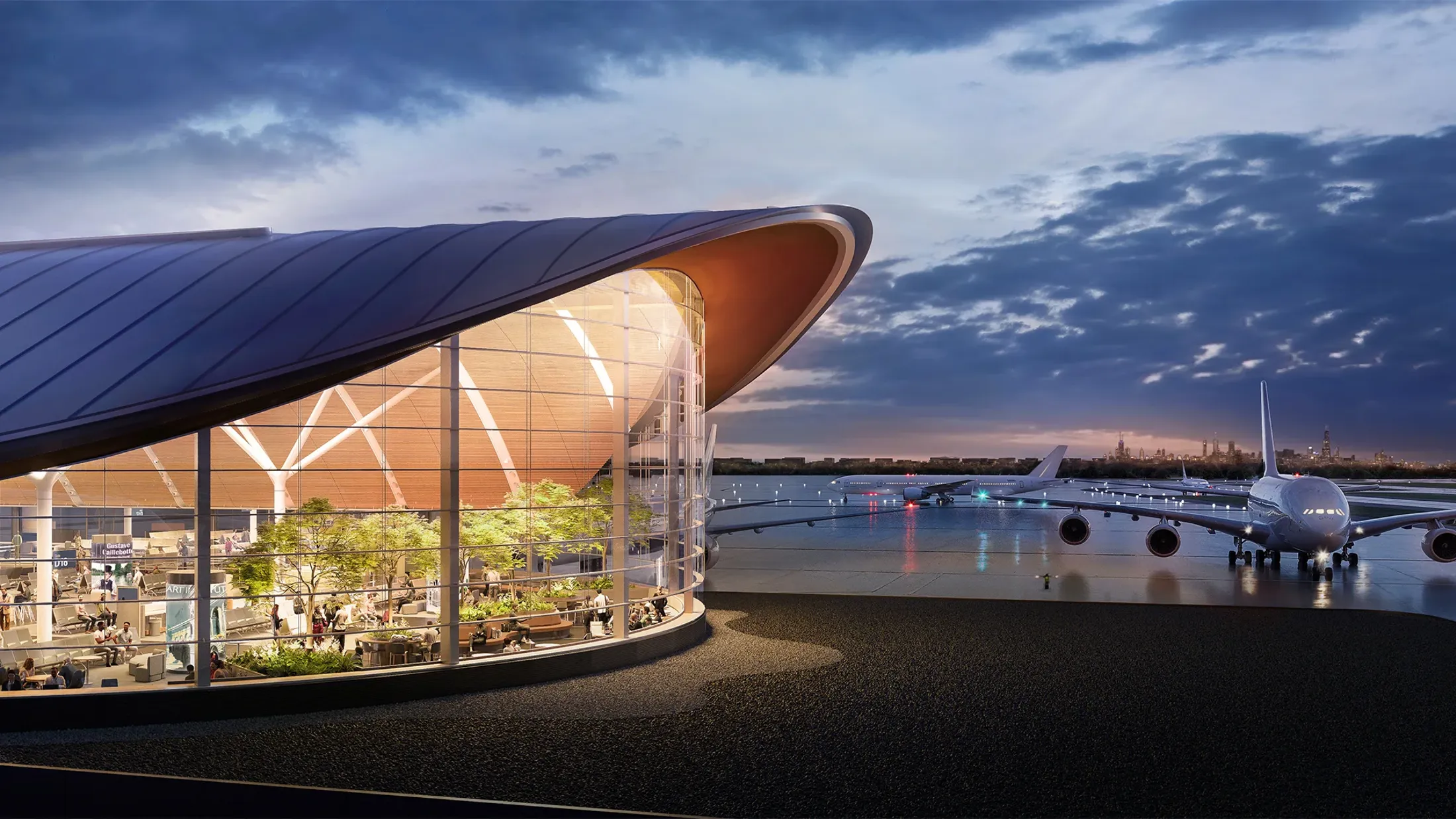 An airport terminal building with a curved roof and large glass facade at dusk with large airplane in background