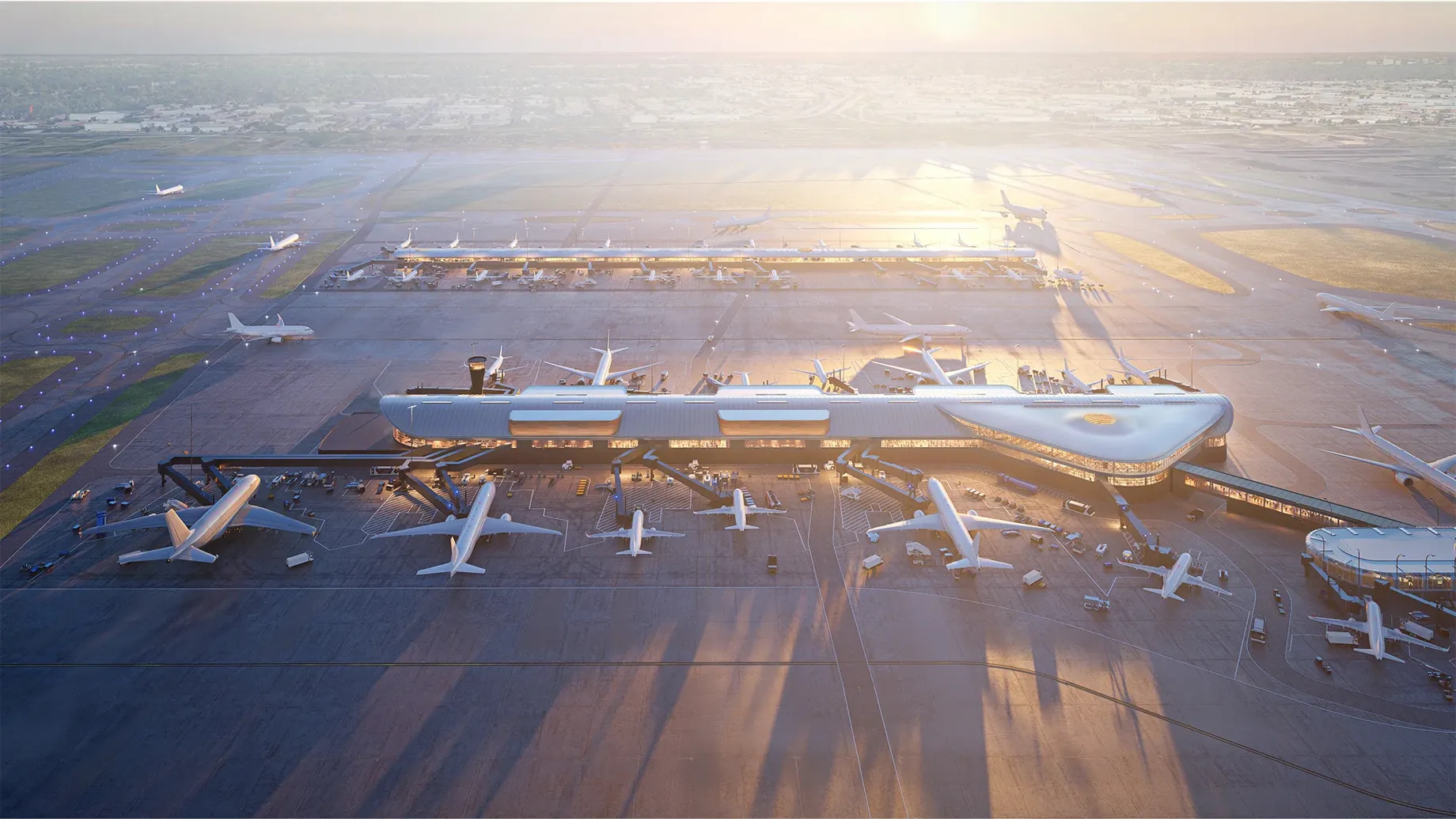 Bird's eye view of an airport terminal with planes parked