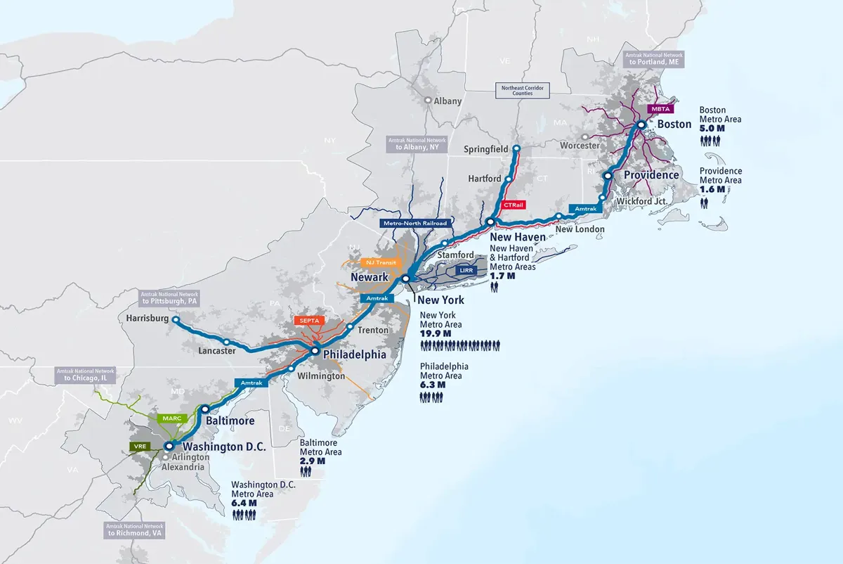 A map of the Northeast Corridor rail network