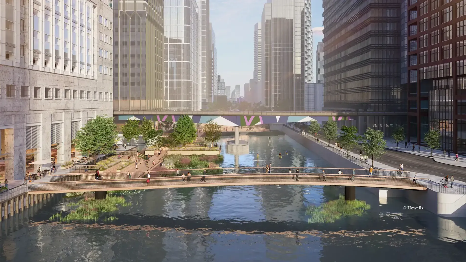 Visualisation of a bridge over Canary Wharf docks in London