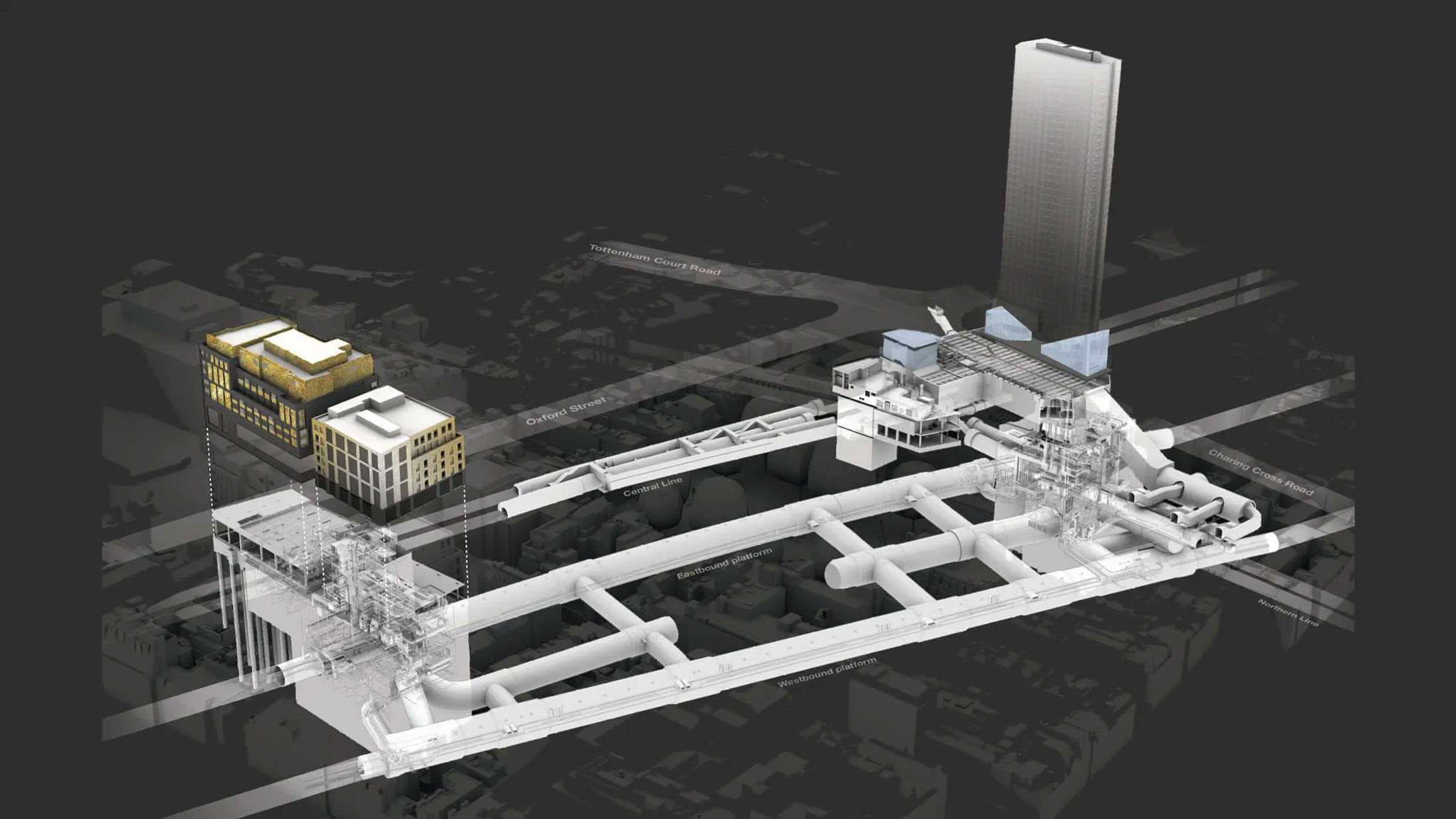 Showing the complexity of Tottenham Court Road underground station