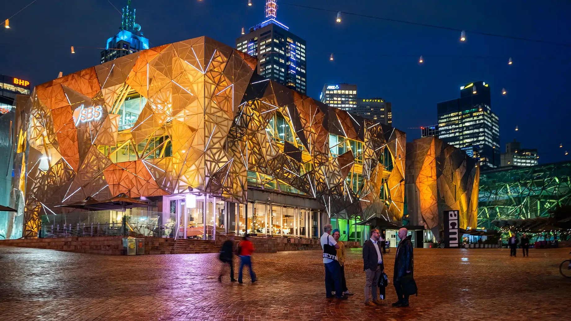 Fed Square lighting at nightime