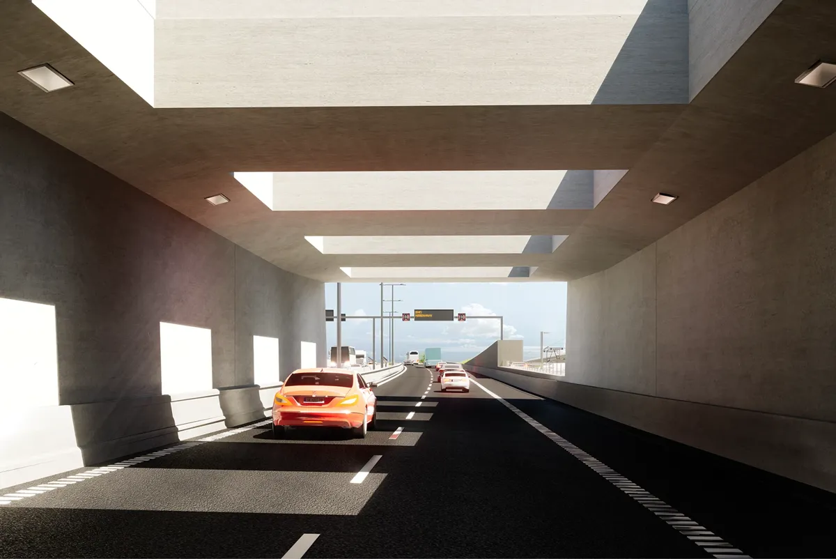 A car driving through a tunnel.