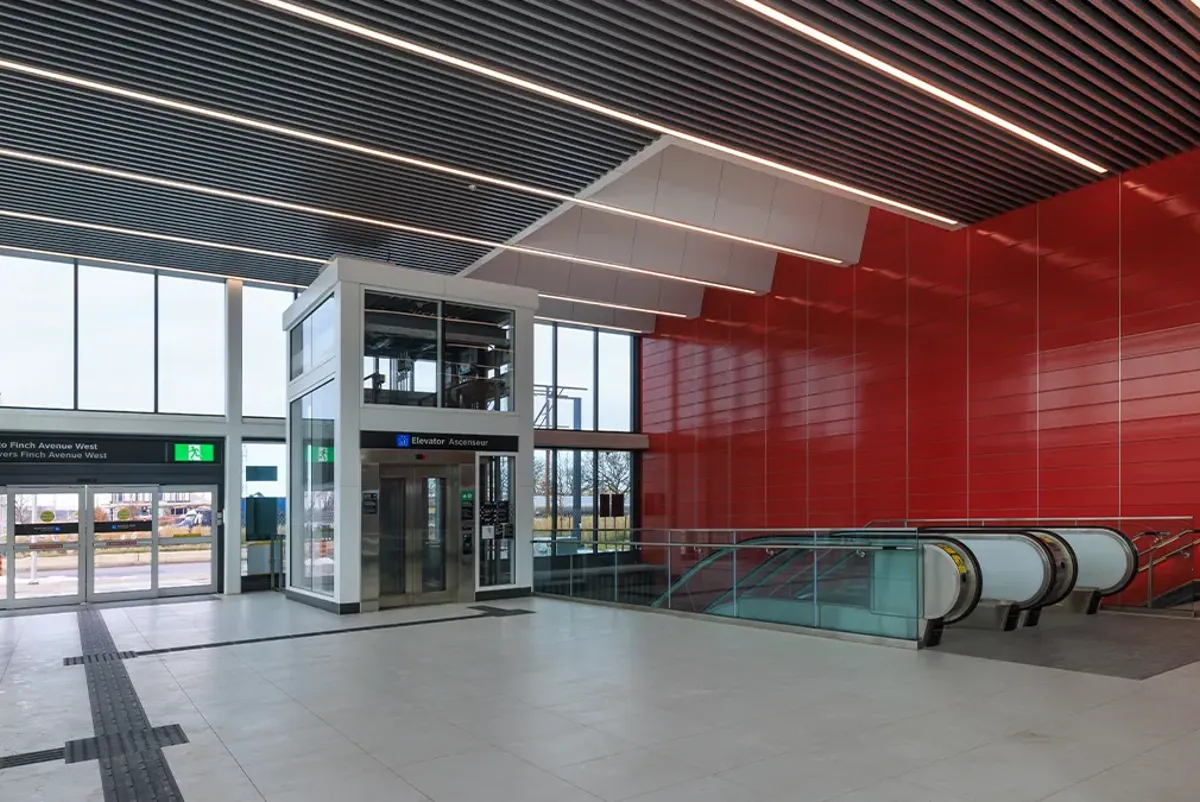 A building with a glass front.