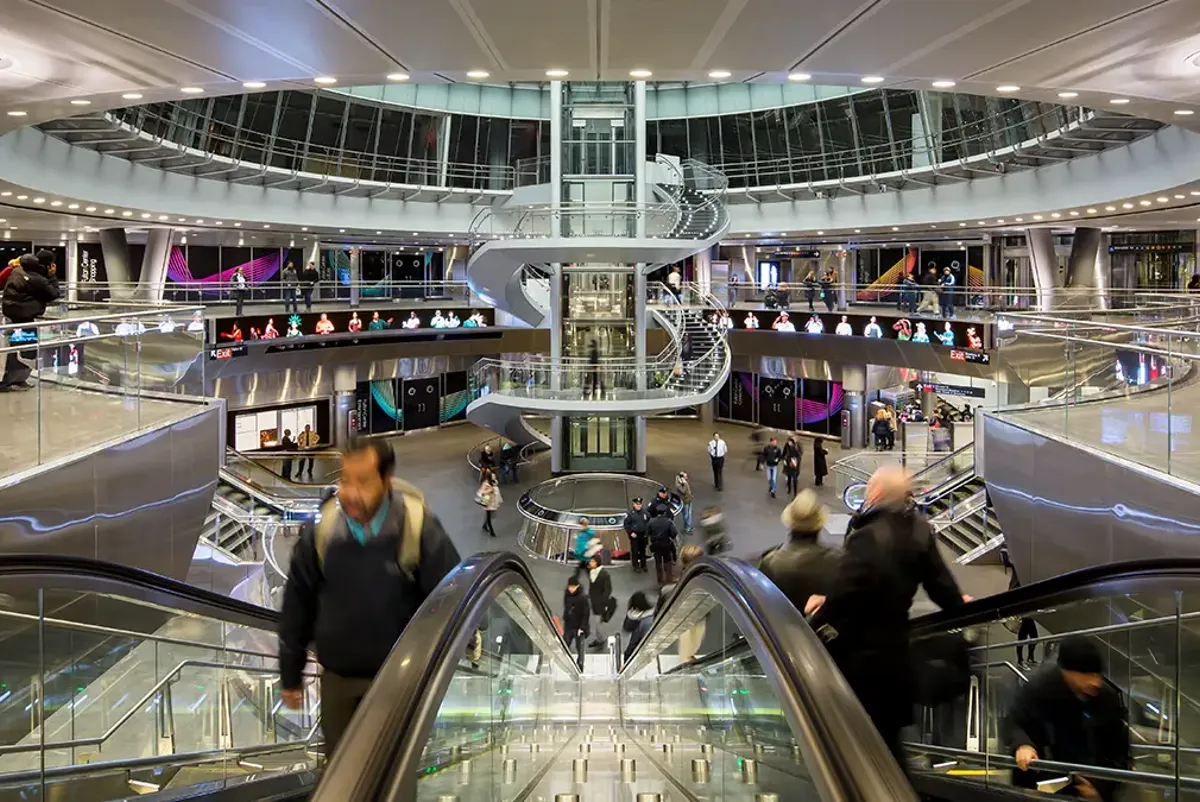 Interior view atop escalator in Fulton Center station