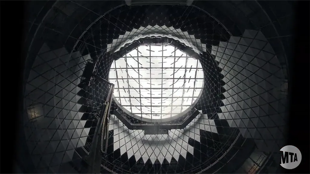 View from below of sky net architectural feature under construction