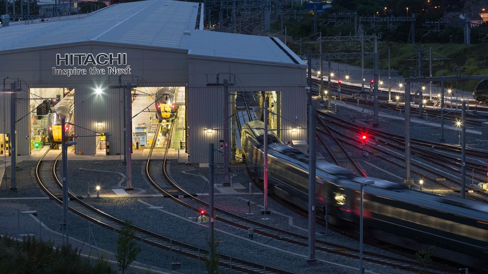 Train entering a Hitachi depot