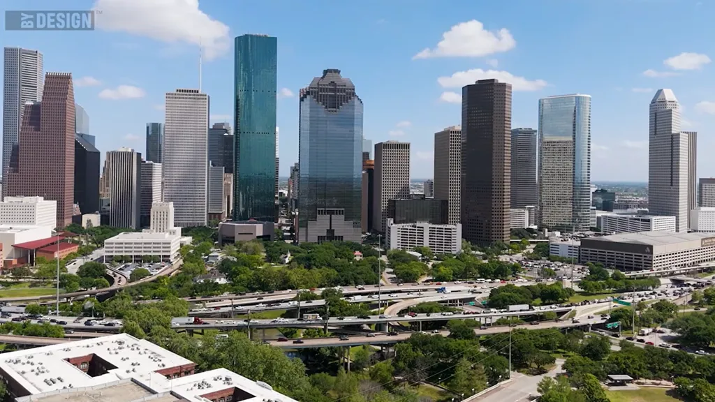 A city with tall buildings.