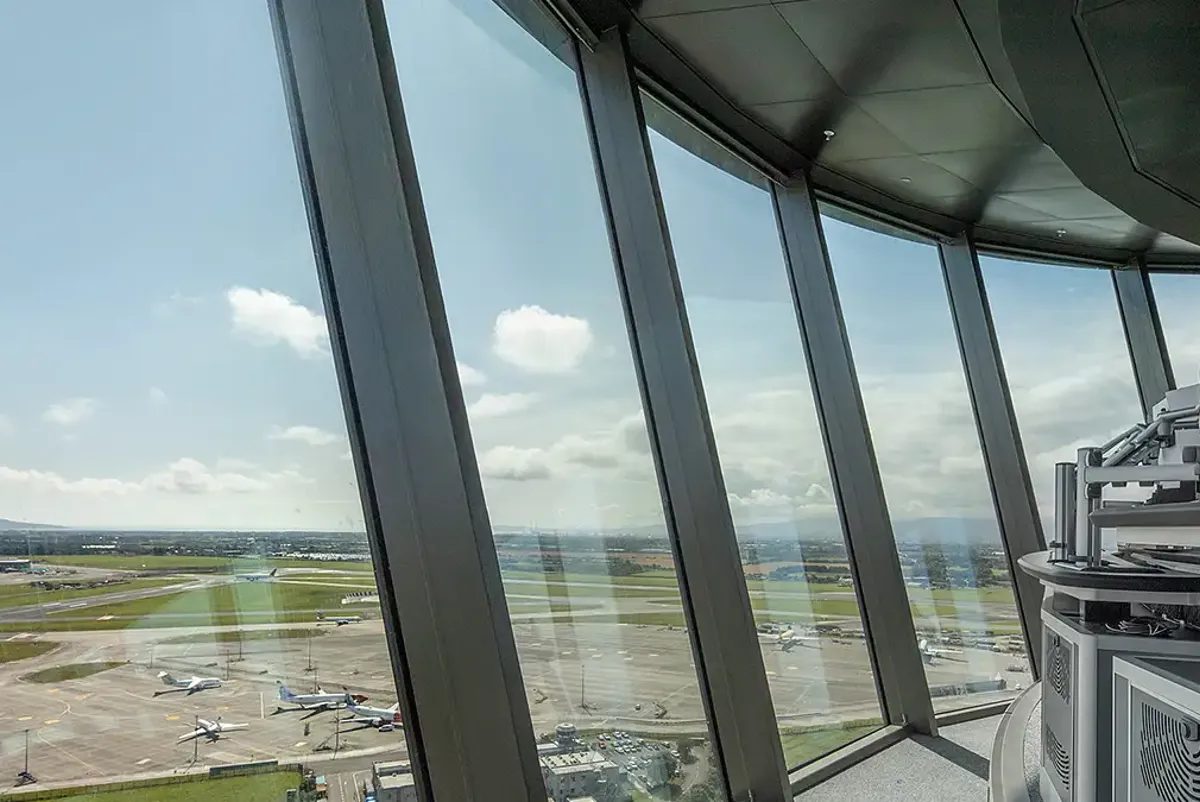 View of runway through window of Visual Control Tower at Dublin Airport