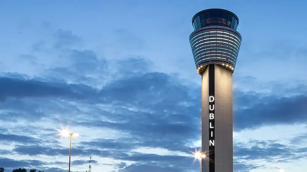 Dublin Airport Visual Control Tower with the word 'Dublin' lit up on it