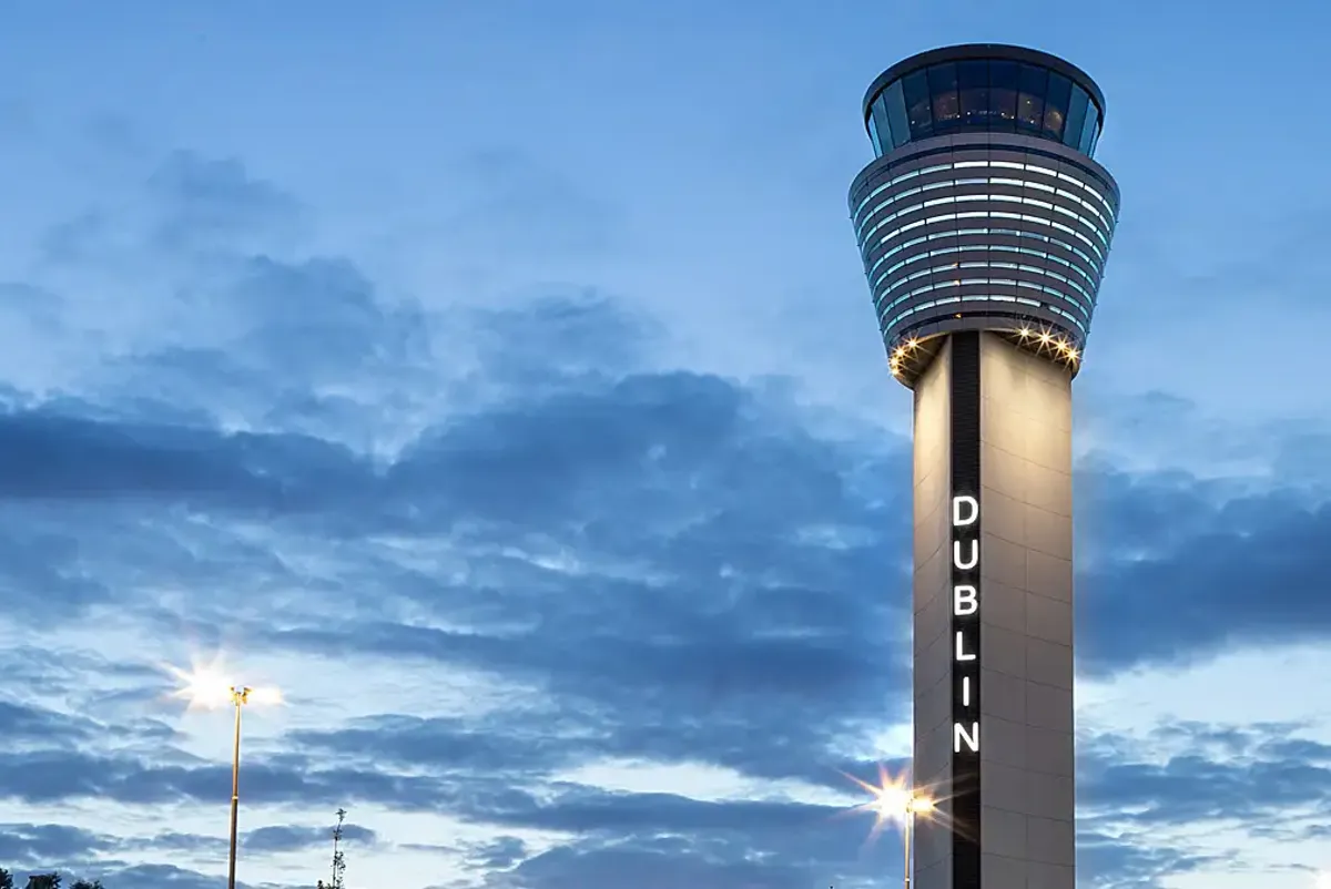 Dublin Airport Visual Control Tower with the word 'Dublin' lit up on it