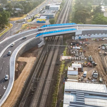 Aerial view of new bridge over rail line at Cherry Street