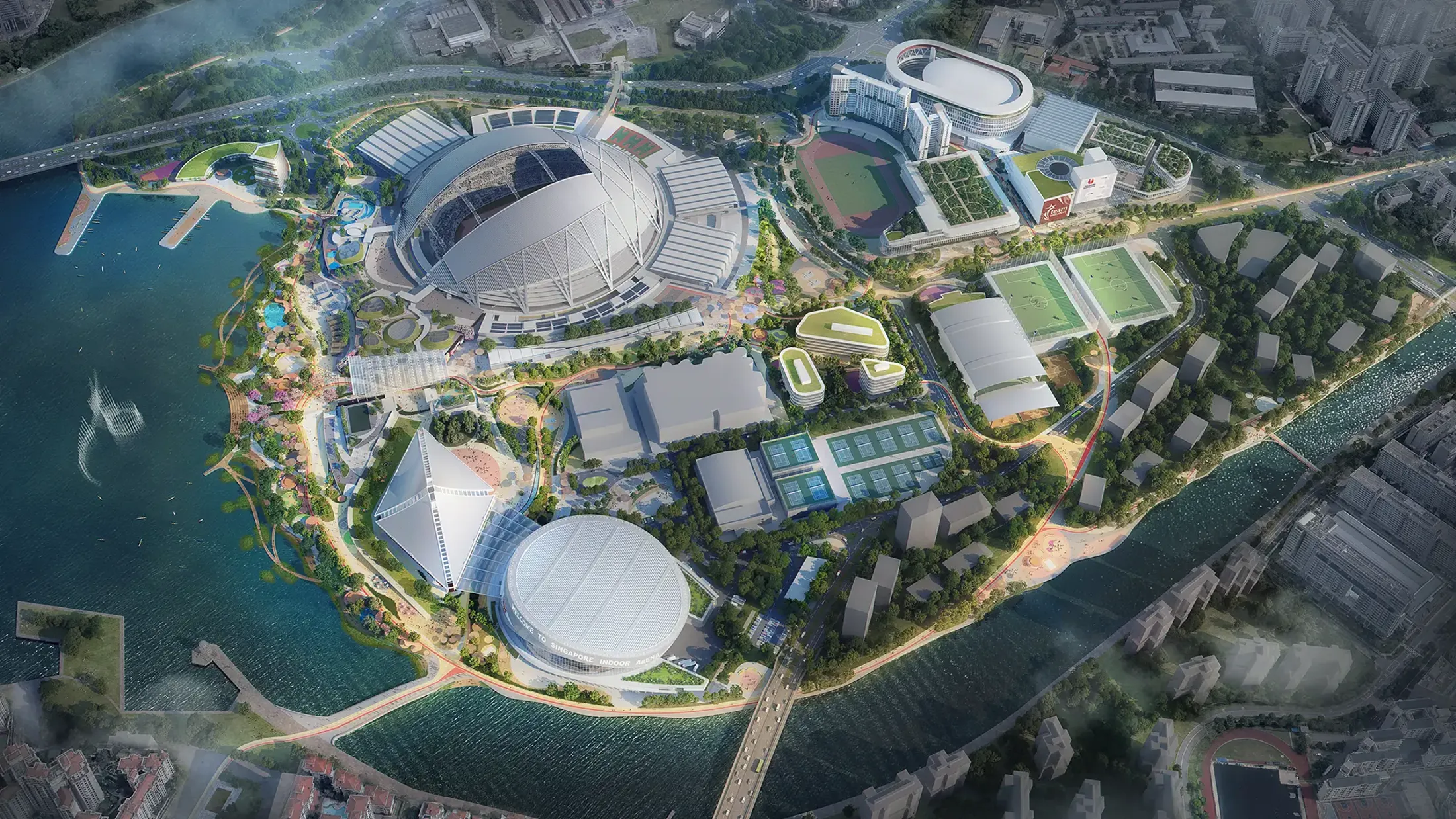 The precinct plan includes major stadiums, sporting facilities and recreational space